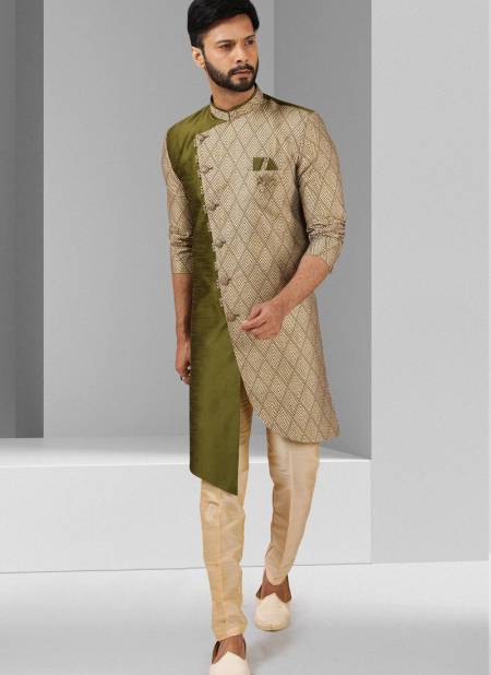 Green Excluisve Wear Art Silk Digital Print Latest Kurta Pajama With Jacket Mens Collection 1451